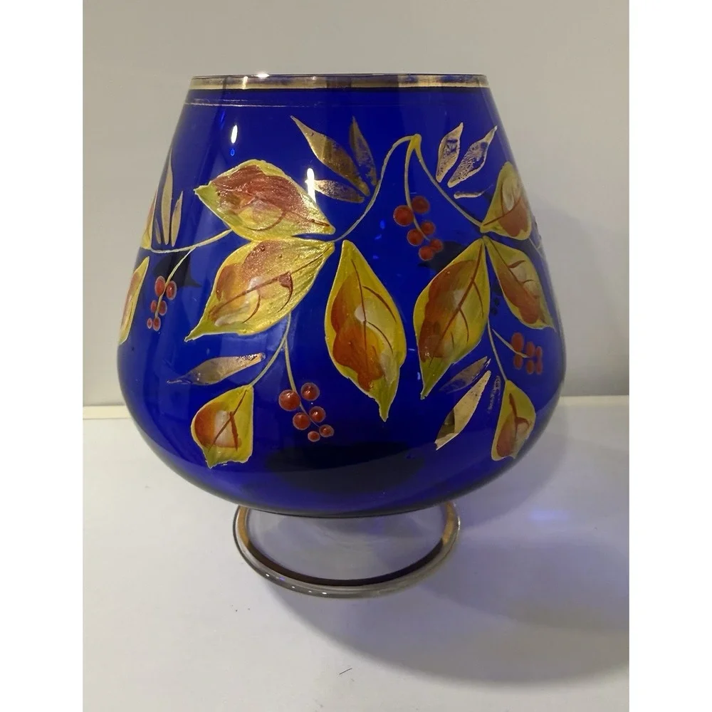 Bohemian Czech Cobalt Blue Cut To Clear Hand Painted Floral Dish Gold Trim